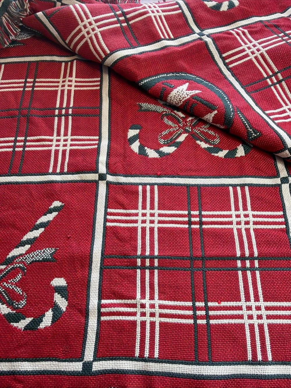 American Weavers Holiday Plaid Throw with Candy Cane & Bow Green, Red, Cream